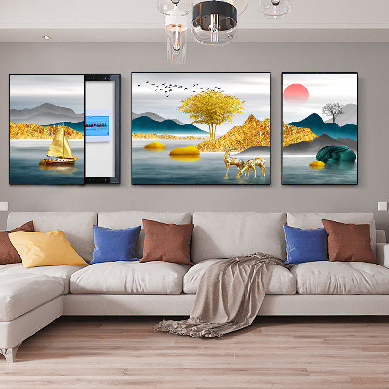 电表箱装饰画客厅三联画沙发背景墙挂画可推拉大幅加宽壁画遮挡画