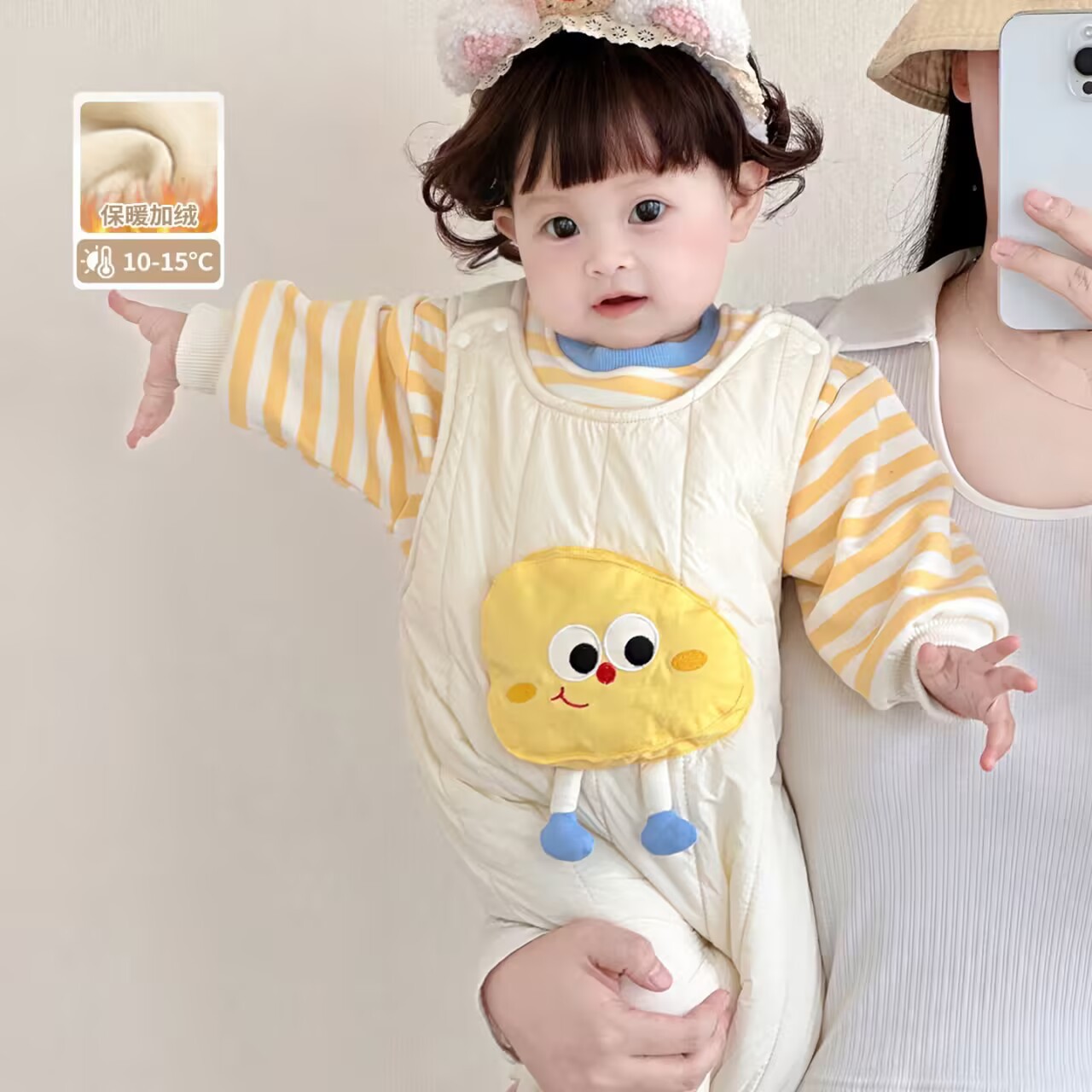 婴儿秋冬装连体两件套宝宝套装夹棉背带裤网红超萌可爱外出服棉衣