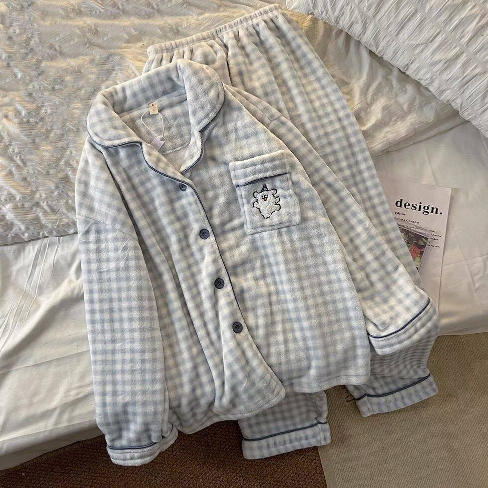 冬睡衣女珊瑚绒开衫加绒秋冬款可爱保暖套装法兰绒家居服