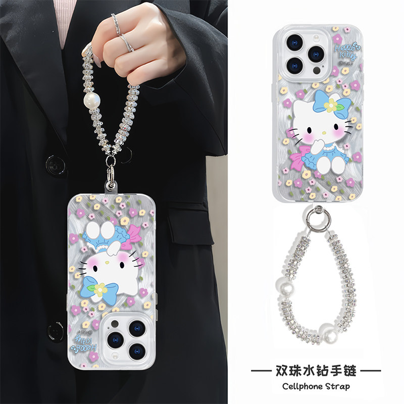 iPhone14羽纱手机壳带挂绳硬15plus珍珠凯蒂猫13ProMax适用苹果16卡通华为Nova12少女心可爱荣耀MAGIC7高级感