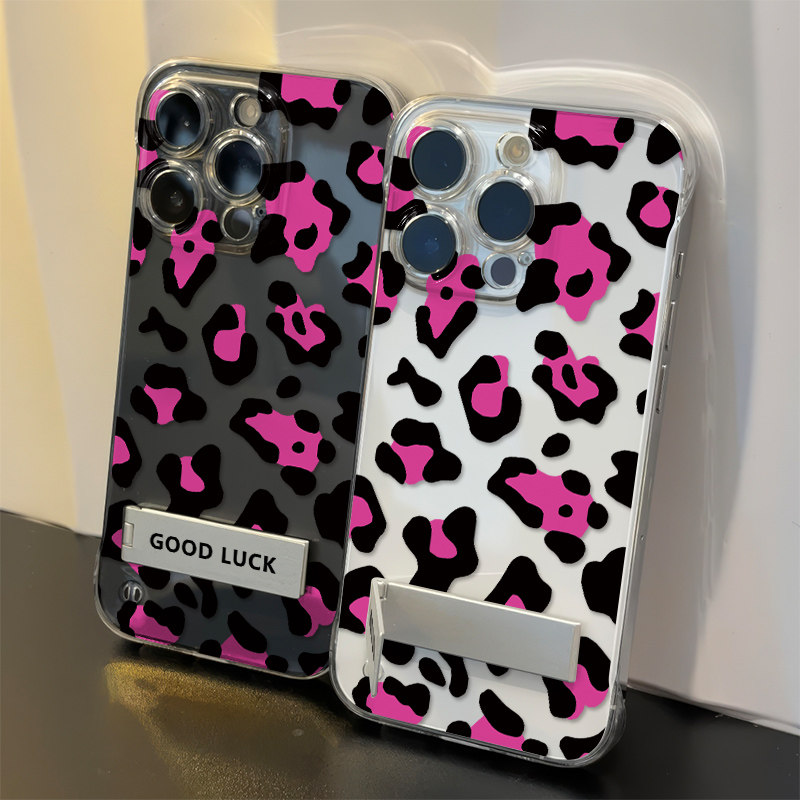 苹果14plus创意豹纹无边框iPhone13适用硬12高级感透明16ProMax手机壳带支架小米15Ultra超薄红米k80ins风a58