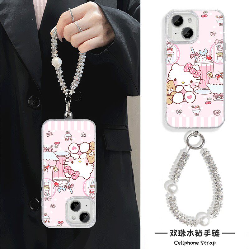 手机壳带挂绳iPhone16pm冰淇淋KT猫12ProMax卡通苹果14华为Nova13可爱手链y300高级感15适用羽纱硬手腕findX8