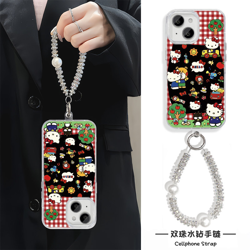手链y300小米15卡通13ProMax创意iPhone16羽纱14plus高级感女findx8格子HelloKitty苹果12手机壳带挂绳硬适用
