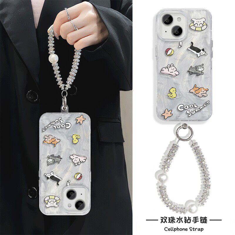 高级感16PLUS硬苹果13ProMax游泳动物手机壳带挂绳iPhone14华为HI畅享80S创意小米15羽纱12适用小众手链X200S