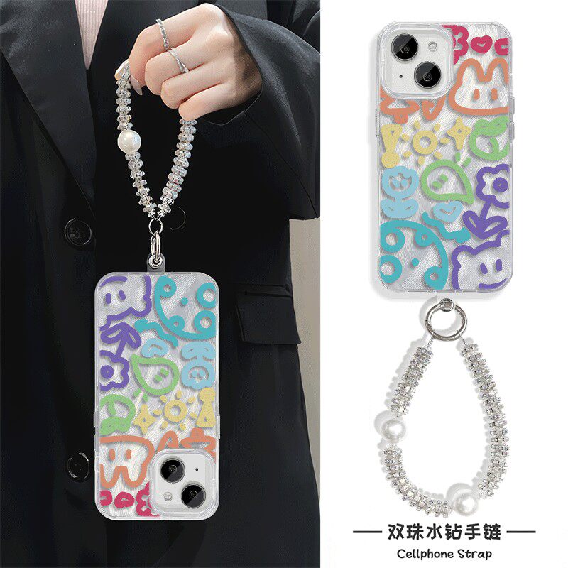 涂鸦可爱线条iPhone14plus羽纱手机壳带挂绳16华为Nova12活力版小众13ProMax苹果15适用硬手腕findX8高级感a5