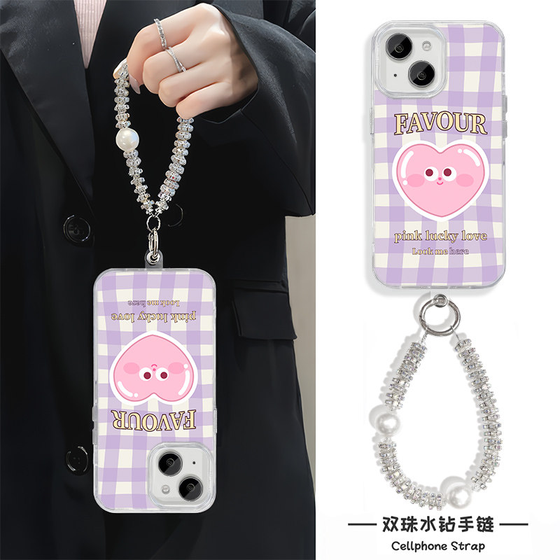 日韩爱心格纹链条13手机壳带挂绳NOVA12羽纱iPhone14ProMax适用MATE70Pro硬15Ultra苹果16创意x200高级感女款