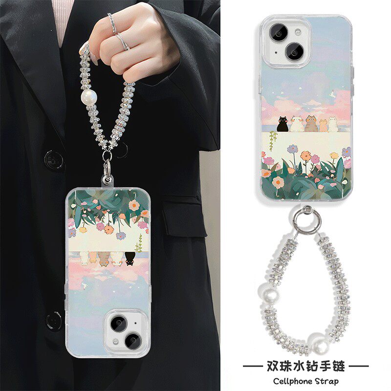 手机壳带挂绳16ProMax苹果1213适用iPhone17硬14羽纱15PLUS高颜值花丛端坐小猫华为NOVA14真我NEO7VIVOY300