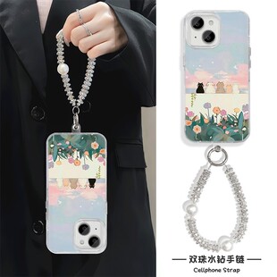手机壳带挂绳16ProMax苹果1213适用iPhone17硬14羽纱15PLUS高颜值花丛端坐小猫华为NOVA14真我NEO7VIVOY300
