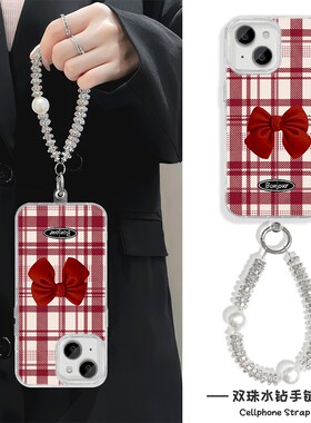 苹果15复古格子红色蝴蝶结14plus羽纱13ProMax小众硬iPhone16E适用HI畅享70PLUS手机壳带挂绳12创意s20高级感