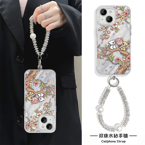 华为MATE80可爱iPhone17p羽纱适用苹果14PLUS高级感手机壳ins风13ProMax硬带挂绳桃树送花线条小狗OPPORENO16