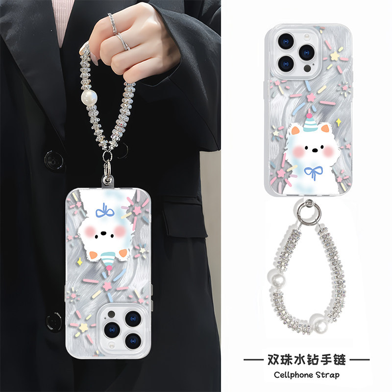 适用烟花小狗14plus手机壳带挂绳12ProMax卡通手腕findX8羽纱iPhone13可爱小米15高级感苹果16硬ins风红米K70