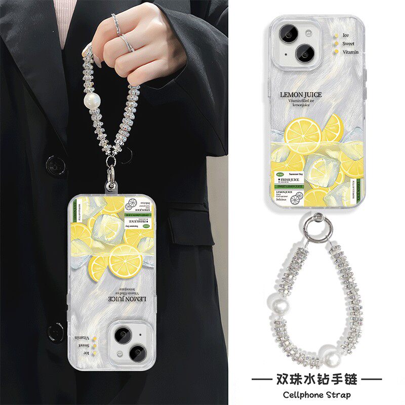 适用NOTE14苹果15Plus硬16ProMax创意K80真我NEO7小众A5高级感冰镇柠檬Y300I手机壳带挂绳NOVA12羽纱iPhone13