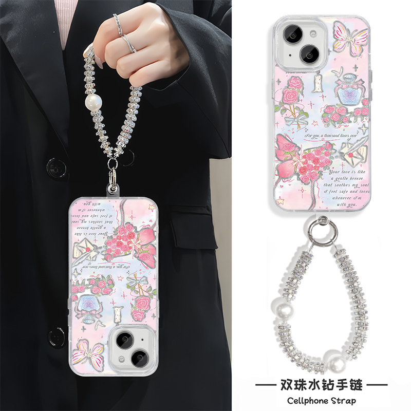 16ProMax春日蝴蝶玫瑰花iPhone17适用硬15plus苹果13手机壳带挂绳12少女心OPPOFindx8羽纱红米note14ins风a58