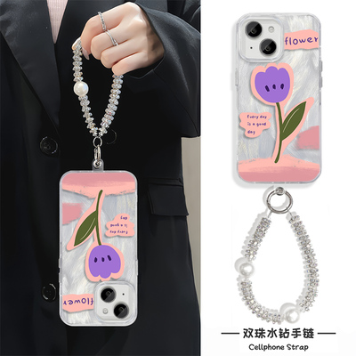 华为NOVA14PRO苹果12硬手机壳带挂绳一加13高级感适用紫郁金香15ProMax羽纱创意iPhone16小众手腕FINDX8SPLUS