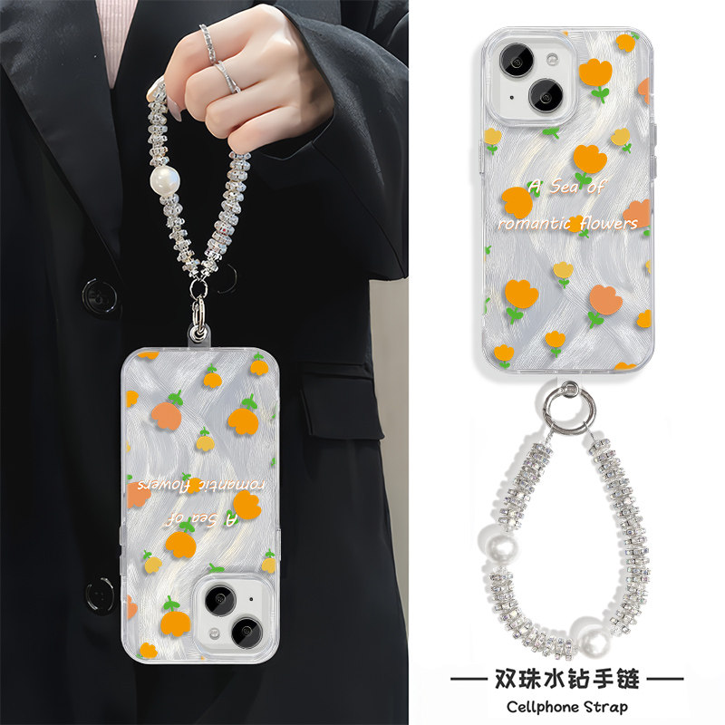 手链s20pro适用苹果16e华为Nova12硬ins风14plus春日花朵手机壳带挂绳iPhone15羽纱13ProMax高级感手腕findX8