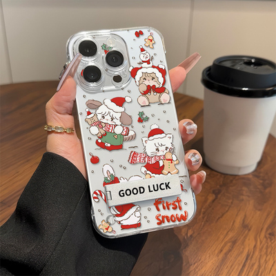 红米K90圣诞猫咪适用iPhone14卡通高级感真我15硬16plus手机壳带支架苹果13无边框17ProMax超薄12PRO透明可爱