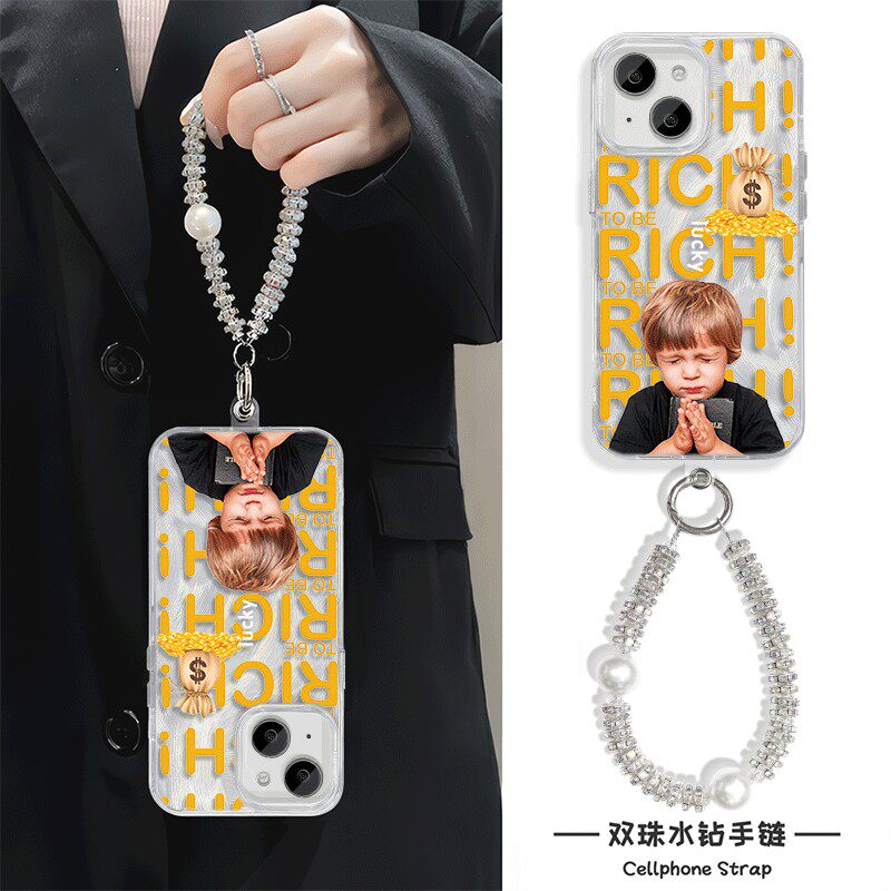 12ProMax创意苹果16小米15pro适用硬iPhone13发财有钱男孩14plus羽纱小众手机壳带挂绳手腕findX8高级感neo10