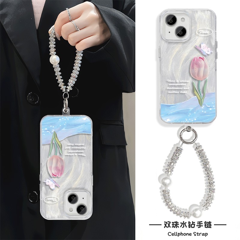 苹果12高级感郁金香15ProMax硬手机壳带挂绳ins风14plus女款s20适用iPhone16羽纱手腕Reno13创意荣耀300ULTRA