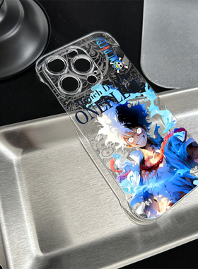 14plus潮酷线条路飞无边框iPhone13适用硬16ProMax手机壳带支架苹果15透明超薄华为NOVA12高级感红米k80ins风