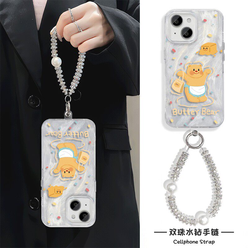小米15适用14promax羽纱苹果12可爱手链x200s卡通iPhone13手机壳带挂绳华为mate70黄油小熊16plus硬s20高级感