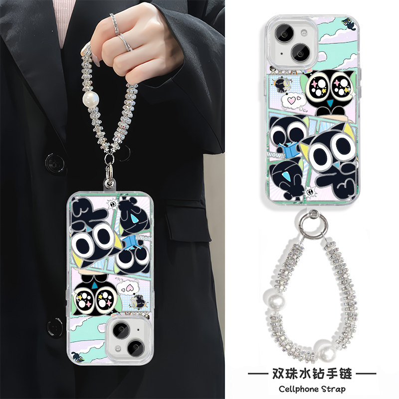 iPhone15羽纱适用16硬12小米17ProMax星星眼罗小黑猫咪卡通苹果14plus可爱手机壳带挂绳13荣耀X70I红米TURBO4