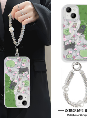 小猫花朵iPhone12手机壳带挂绳15Ultra羽纱RENO14苹果16Plus适用K80Pro硬13ProMax高级感S20女ins风Y300I创意