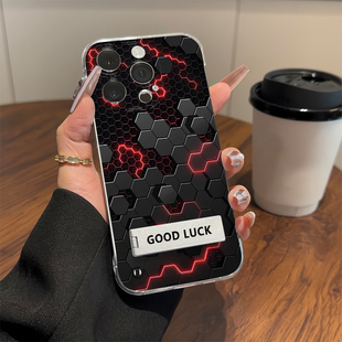 iQOOneo10高级感小米15透明14plus适用iPhone13手机壳带支架12无边框几何图案苹果16ProMax超薄VIVOs30时尚11