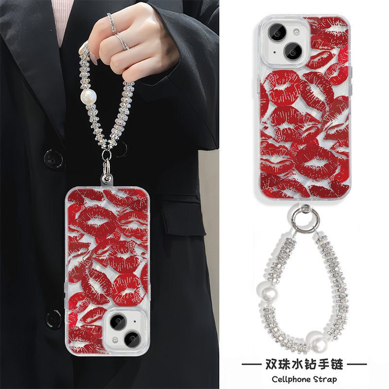 iPhone13创意口红唇印12ProMax小众苹果16适用a5硬14plus羽纱mate70手机壳带挂绳链条neo10高级感小米15ultra