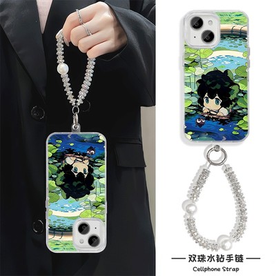 手机壳带挂绳16ProMax苹果1213适用iPhone17硬14羽纱15PLUS荷叶罗小黑荣耀X70OPPOA5X高颜值VIVOY500红米14R