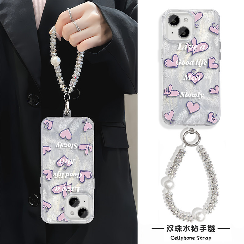 手机壳带挂绳12ProMax个性爱心iPhone13女款华为mate70小众14苹果16plus小米15适用硬羽纱手链y300创意高级感