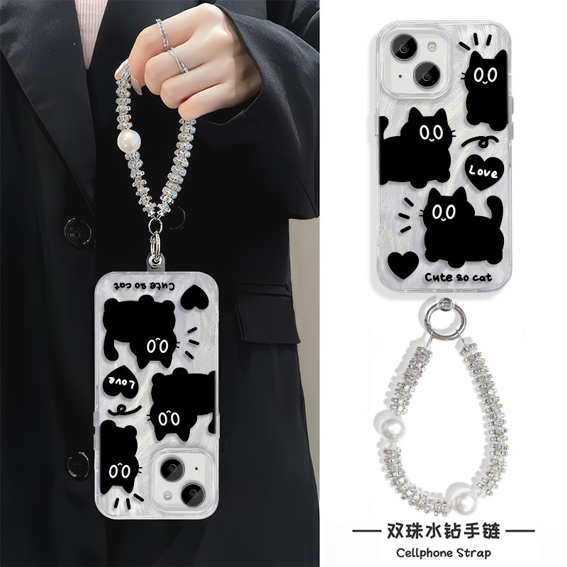 iPhone12适用14羽纱15plus硬华为mate70爱心小猫13promax手机壳带挂绳苹果16e卡通s5女款链条neo10可爱高级感