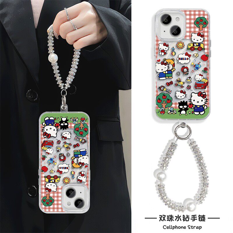 格纹kt猫14plus适用卡通iPhone15ProMax羽纱手机壳带挂绳硬Reno13可爱华为Nova12高级感苹果16e创意手腕a5pro