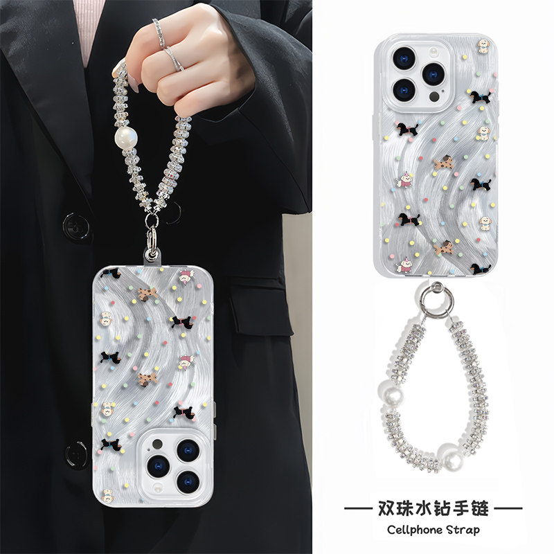 ins风note14羽纱硬华为Nova12高级感波点小小狗苹果13手机壳带挂绳小米15适用iPhone16ProMax卡通链条neo9pro