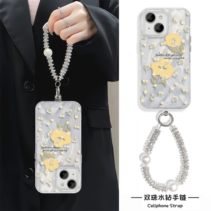 荣耀MAGIC7高级感16promax手机壳带挂绳苹果15适用14plus羽纱iPhone12硬手腕Reno13英文花朵红米TURBO3创意a5