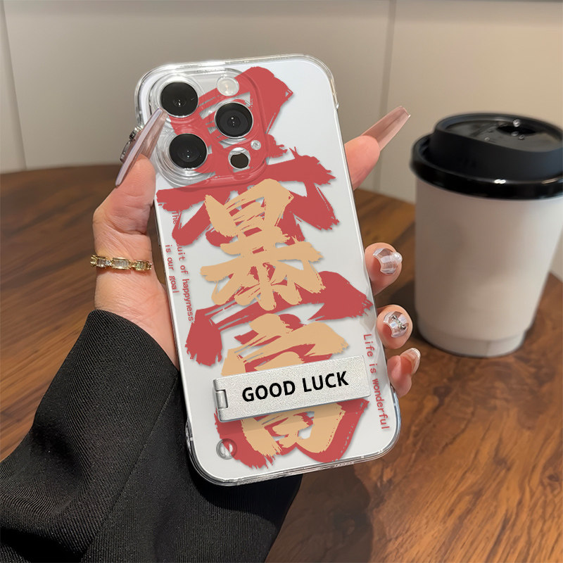 链条z9TURBO透明苹果16e手机壳带支架15plus超薄手腕Reno14暴富文字无边框iPhone国潮13适用硬12ProMax高级感