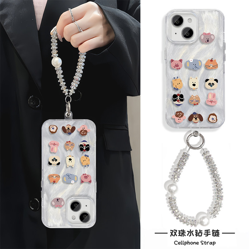 苹果14羽纱华为nova12Ultra可爱满屏动物iPhone13手机壳带挂绳16promax硬15plus适用手链x200s高级感y300女款