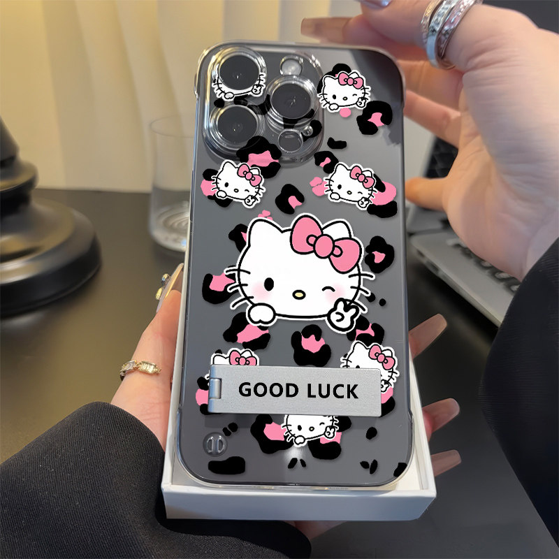 苹果14豹纹眨眼凯蒂猫无边框iPhone13适用硬华为NOVA12高级感s30.透明16ProMax手机壳带支架15plus超薄少女心