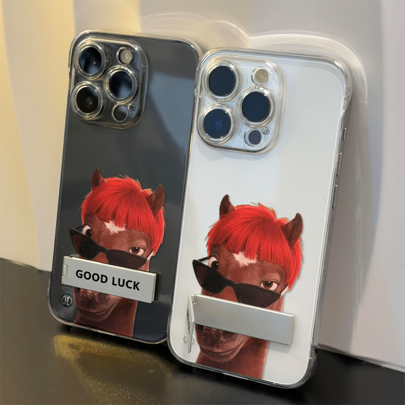 适用iPhone12高级感13硬15plus手机壳带支架苹果14无边框16ProMax超薄小米17ULTRA透明墨镜搞怪造型马VIVOS50