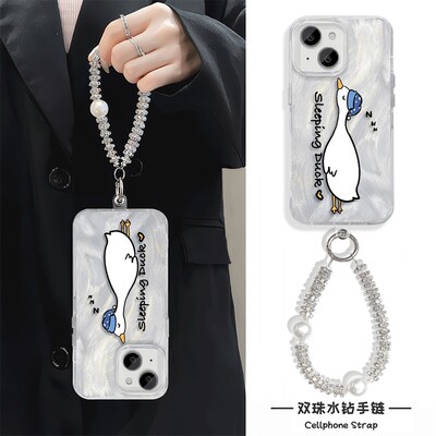 高级感y300简约iPhone13手机壳带挂绳16plus硬15适用手链x200s可爱红米note14羽纱苹果12promax瞌睡鸭荣耀x60