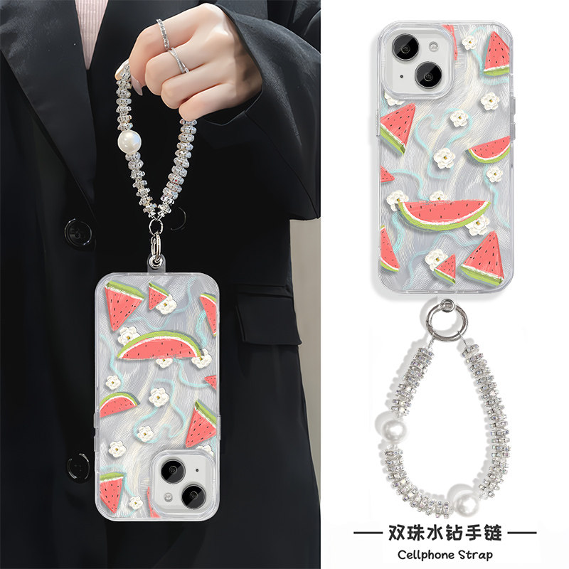 华为mate70高级感手腕findx8女款苹果15适用14plus羽纱12硬13手机壳带挂绳iPhone16promax花朵西瓜荣耀MAGIC7