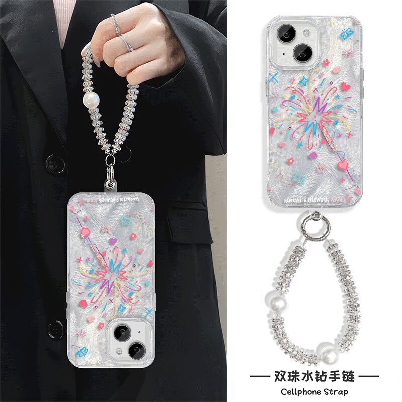 ins风13ProMax苹果15适用硬高级感12爱心烟花14plus创意羽纱iPhone16手机壳带挂绳简约手链x200s小米CIVI4PRO