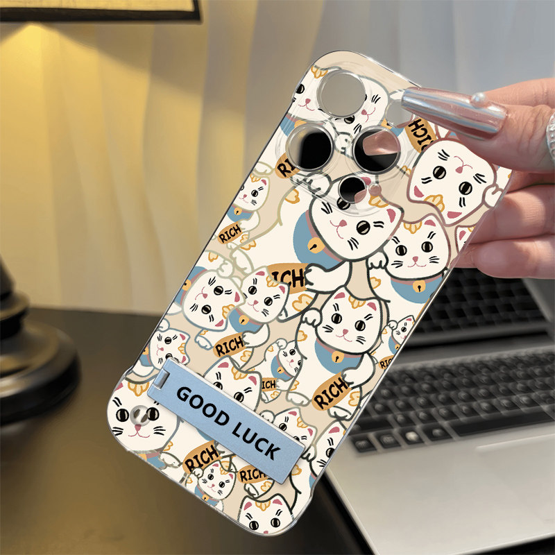 苹果13可爱招财猫超薄16ProMax透明12硬14PLUS适用一加ACE6无边框iPhone15手机壳带支架小米17创意OPPOFINDX9