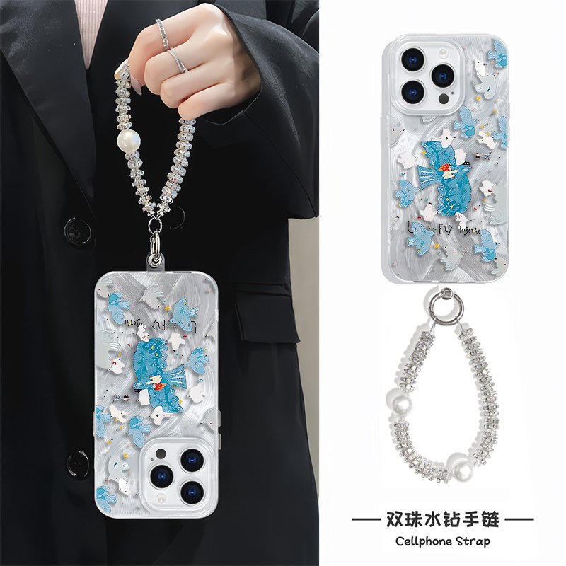 羽纱硬红米note14艺术小鸟小孩16plus高级感手机壳带挂绳12ProMax红米K80创意适用iPhone15苹果13小众手链s20