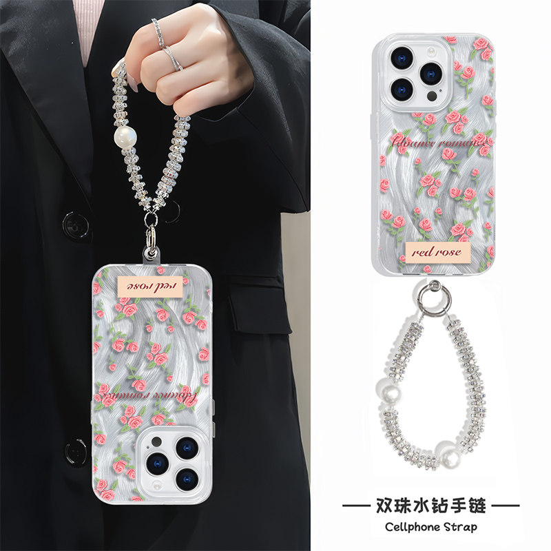 小众高级感iPhone14创意适用小米15手机壳带挂绳硬16plus英文满屏玫瑰花苹果12羽纱ins风13ProMax女款手腕a58