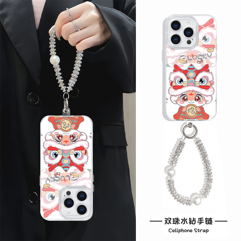 苹果13ProMax新年国潮醒狮手机壳带挂绳硬iPhone14高级感适用15plus羽纱华为NOVA12Ultra中国风16新款手链s19