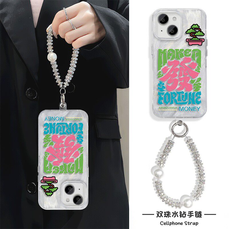 潮牌创意发财MAGIC7手机壳带挂绳NOTE14羽纱iPhone13小米15适用K80苹果16Plus硬12ProMax高级感Y300I荣耀GT女
