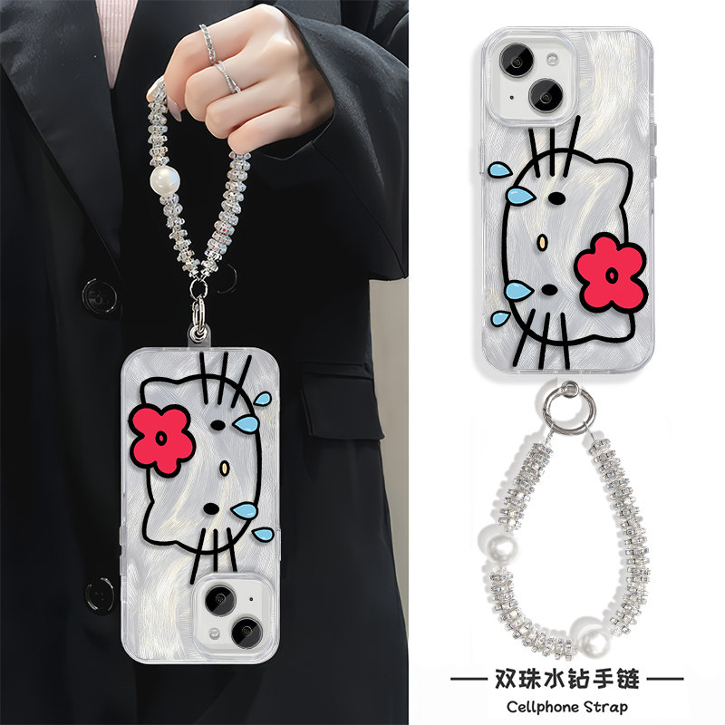 17ProMax大脸花朵KT猫华为Mate60适用硬iPhone15羽纱14plus少女心苹果13手机壳带挂绳OPPOReno12可爱16高颜值