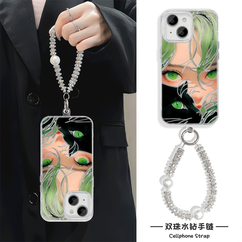 华为nova12Ultra绿发女生黑猫荣耀MAGIC7高级感iPhone15适用14plus羽纱苹果16硬13promax手机壳带挂绳手链s20