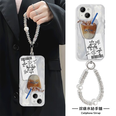 美式咖啡打工人手机壳带挂绳NOVA12羽纱iPhone13适用15Ultra苹果14Plus高级感硬16ProMax创意链条NEO10小众a3
