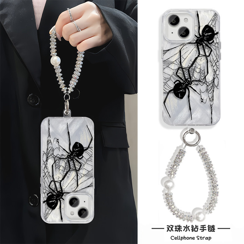 高级感两只蜘蛛iPhone12个性硬小米15pro适用创意16plus苹果13手机壳带挂绳14ProMax羽纱小众手腕a5活力版s18